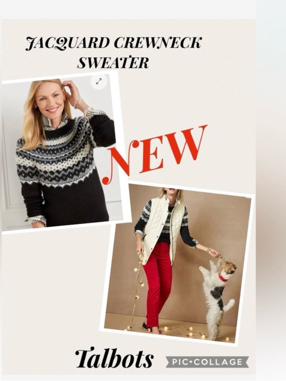 Talbots Black and Cream Jacquard Yoke Crewneck Sweater